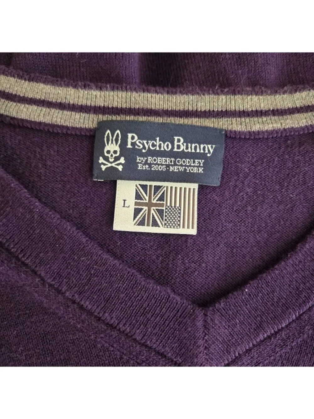 Psycho Bunny Mens Purple V-Neck Sweater Size L 100% Pima Cotton